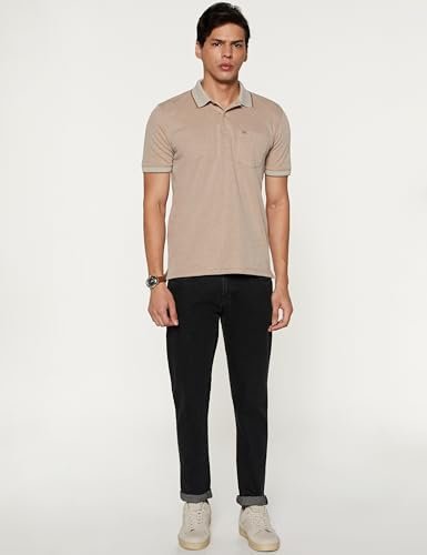 Peter England Men's Premium Branded Regular Fit Half Sleeve Polo T-Shirt with Pocket | Cotton Rich | Birds Eye Interlock Weave Beige - Image 2