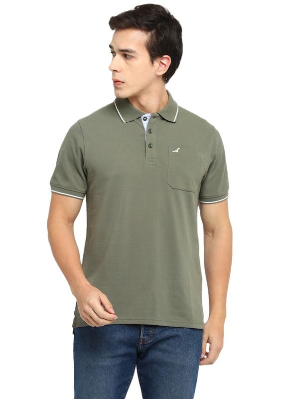 AMERICAN CREW Men Cotton Regular Fit Polo Collar T-Shirt with Pocket (AC392-XL_Light Olive)