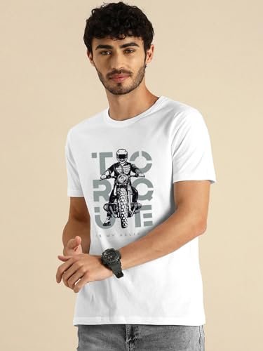 Bewakoof Men's Graphic Print Regular Fit Half Sleeve Round Neck Cotton T-Shirt White - Image 10