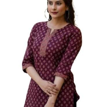 ALENJAN Floral Print Rayon Kurta for Women | Regular Fit Top | Top for Office | Kurti for Women | Women's Tunics Tops | Wine | L