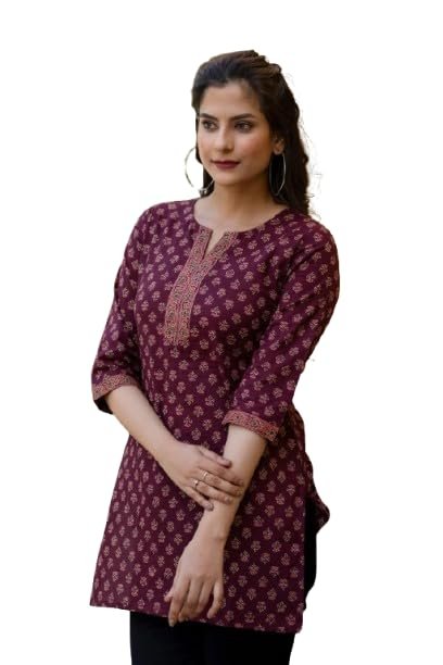 ALENJAN Floral Print Rayon Kurta for Women | Regular Fit Top | Top for Office | Kurti for Women | Women's Tunics Tops | Wine | L