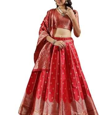 SWAMI STUDIO Women's Jaquard Polka Printed Art Silk Traditional Banarasi Lehenga Choli Dupatta Set (Red)