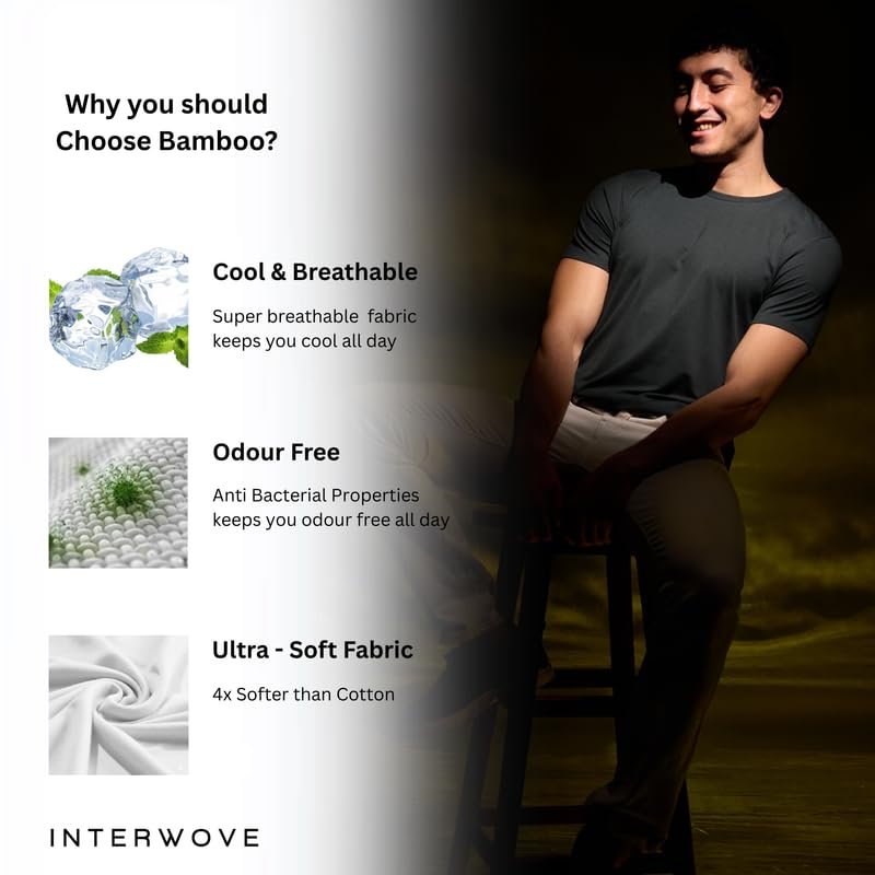 INTERWOVE Men's Bamboo Cotton Round Neck, Regular Slim Fit T - Shirt, Half Sleeve, Stylish, Solid Plain Anti Microbial, Anti Odor |Comfort Fit Causal Wear - Forest Green - L - Image 4