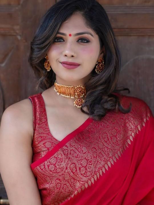 Yashika Women's Solid Red Banarasi Kanjivaram Cotton Silk Saree With Unstitched Blouse Material For Women (AZ-YS-OG-JHATKA RED) - Image 6