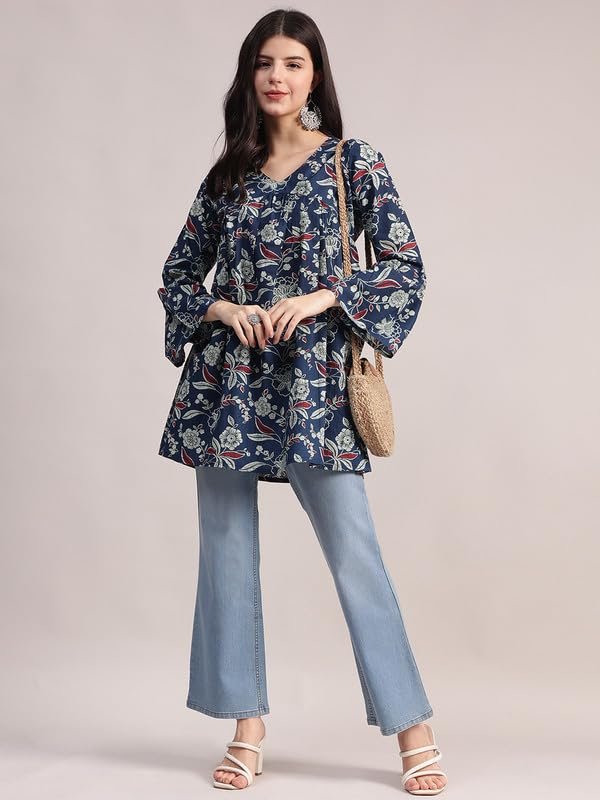 Aavyora Women's Navy Blue Cotton Tunic with Red and White Floral Print, and Flared Sleeves - Image 4