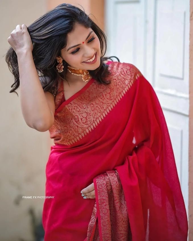 Yashika Women's Solid Red Banarasi Kanjivaram Cotton Silk Saree With Unstitched Blouse Material For Women (AZ-YS-OG-JHATKA RED) - Image 4