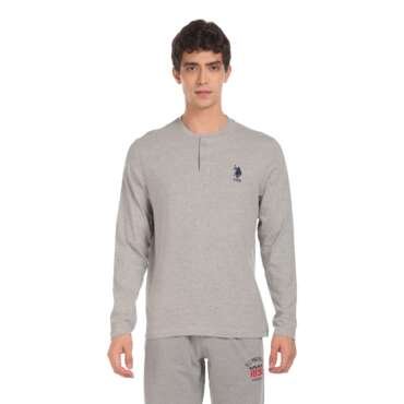 U.S. POLO ASSN. Men Comfort Fit Heathered Cotton I655 Henley Neck, Regular, Sweat Shirt T-Shirt - Pack of 1 (Grey Melange L)