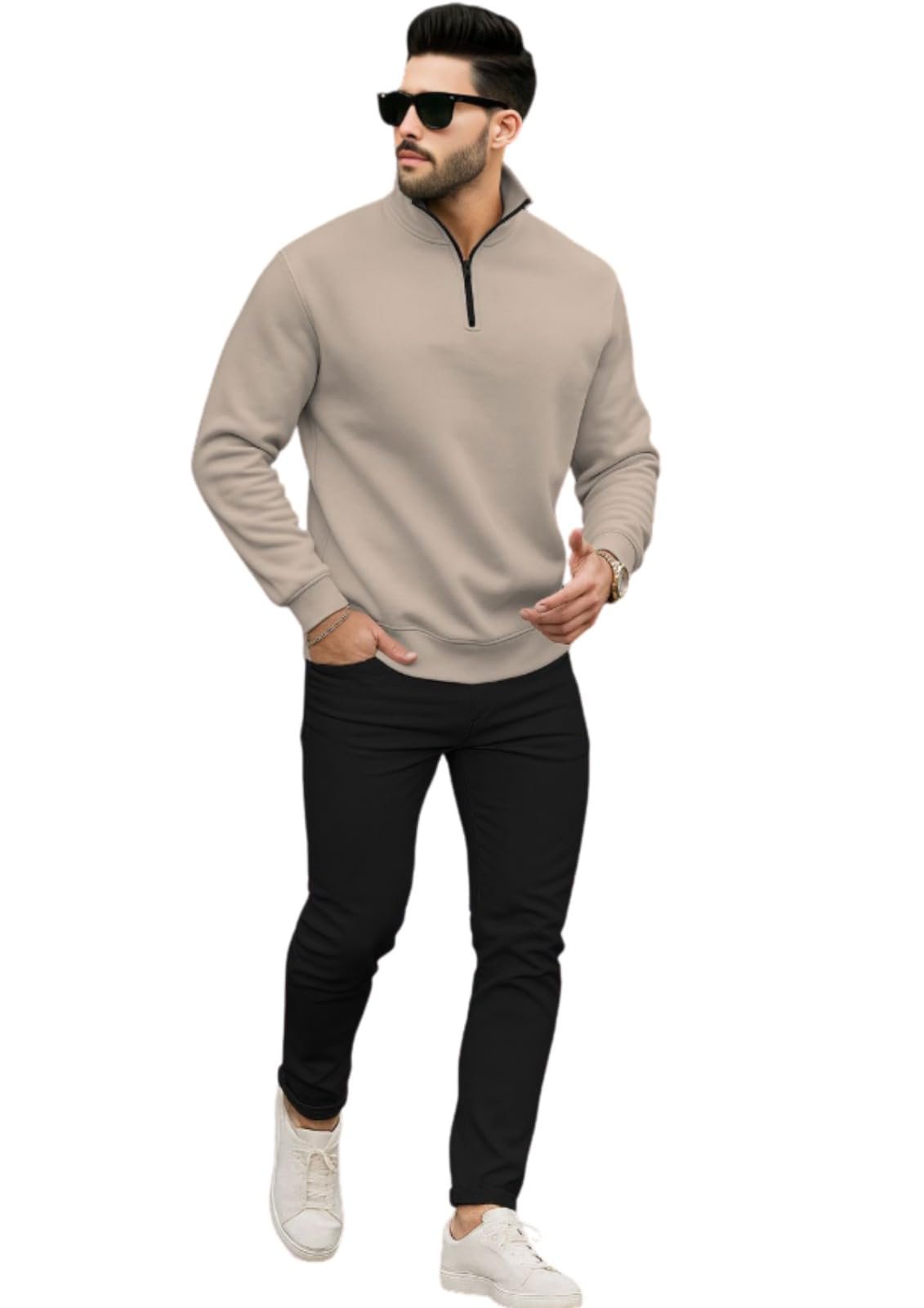 Men's Half Zipper Sweatshirt Fleece Material Collared Winter Wear Loose Fit Warm Pullover Jacket Casual Outerwear for Cold Weather Comfortable Stylish Everyday Use, IN, Alpha, L, Standard - Off white - Image 2