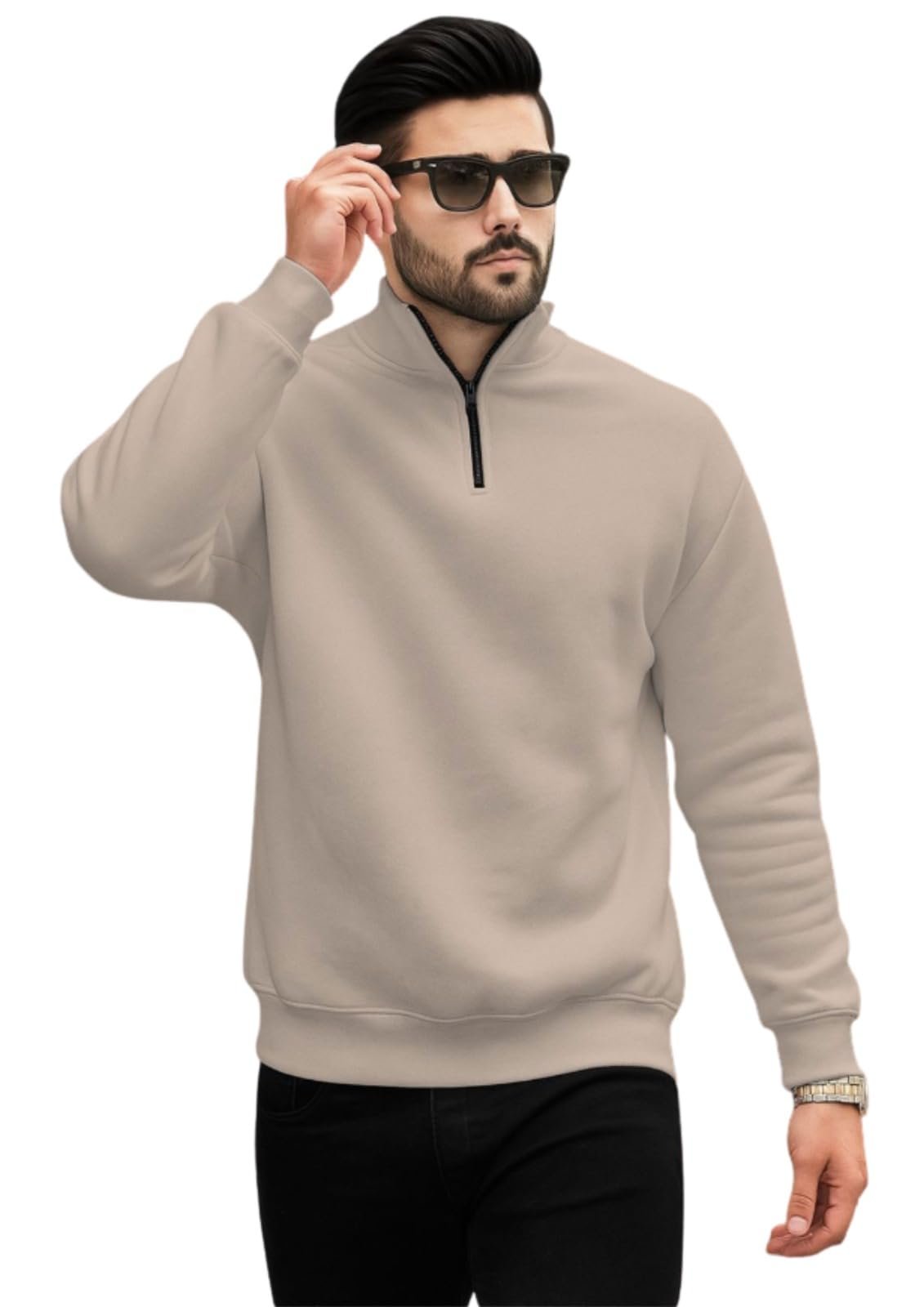 Men's Half Zipper Sweatshirt Fleece Material Collared Winter Wear Loose Fit Warm Pullover Jacket Casual Outerwear for Cold Weather Comfortable Stylish Everyday Use, IN, Alpha, L, Standard - Off white - Image 5