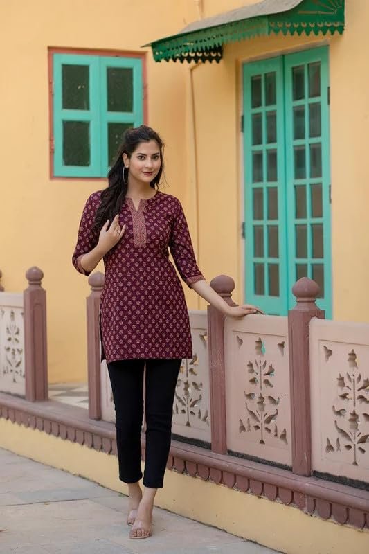 ALENJAN Floral Print Rayon Kurta for Women | Regular Fit Top | Top for Office | Kurti for Women | Women's Tunics Tops | Wine | L - Image 2