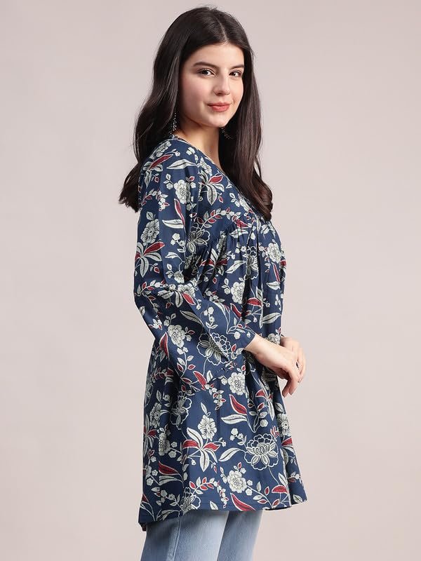 Aavyora Women's Navy Blue Cotton Tunic with Red and White Floral Print, and Flared Sleeves - Image 3