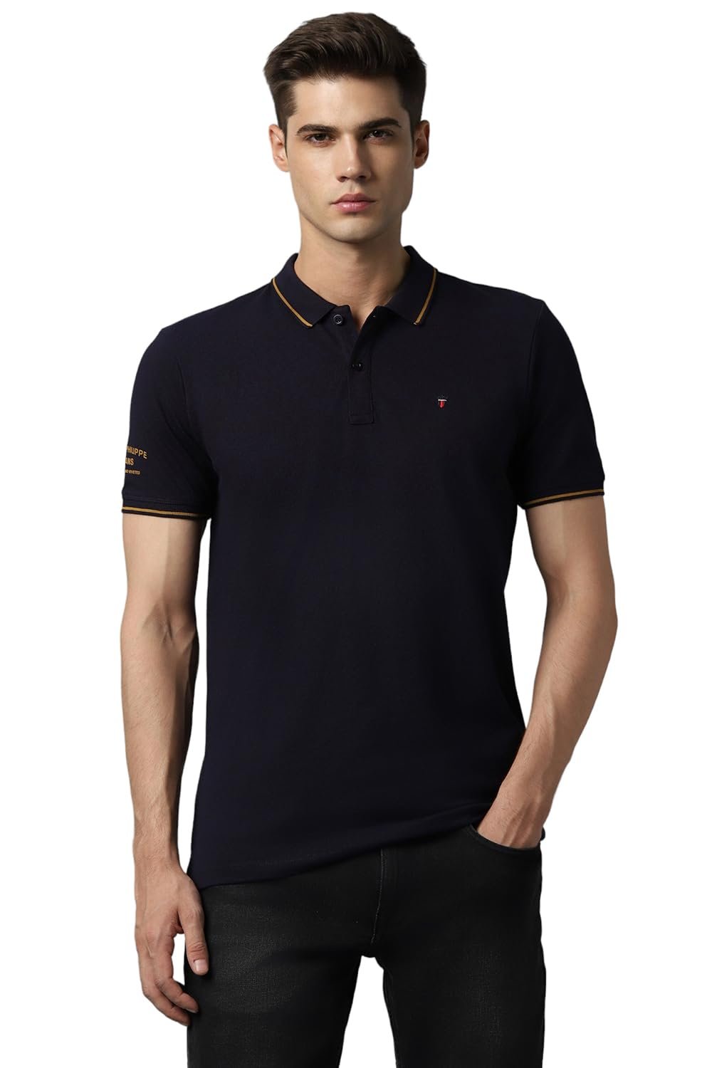 Louis Philippe Cotton Men's Solid Slim Fit T-Shirt (LRKPCSLFI53303_Navy, Large