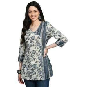 Meesan Women's Beautiful Grey Cotton Printed Smart Casual Tunics for Office & Casual Wear
