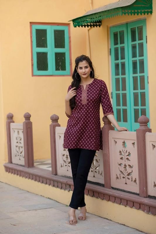 ALENJAN Floral Print Rayon Kurta for Women | Regular Fit Top | Top for Office | Kurti for Women | Women's Tunics Tops | Wine | L - Image 7