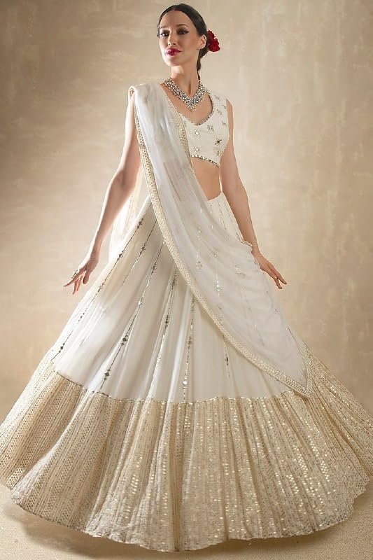 Omkar Tex's Off White color Georgette Bridal Lehenga choli with Dupatta set for women for party,wedding and Festive - Image 4
