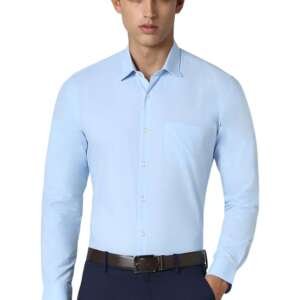 Peter England Men's Everday Regular Fit Solid Shirt | Cotton Rich | 5-Pin Pocketing Sky Blue