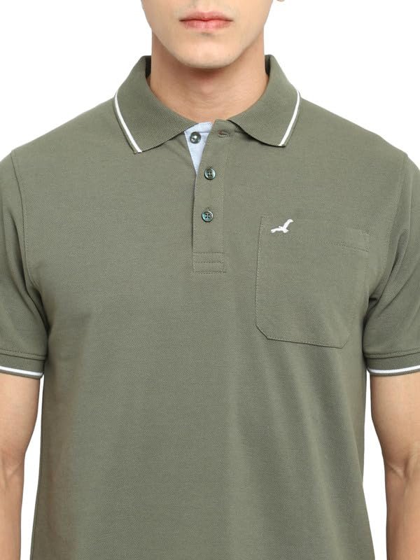 AMERICAN CREW Men Cotton Regular Fit Polo Collar T-Shirt with Pocket (AC392-XL_Light Olive) - Image 3