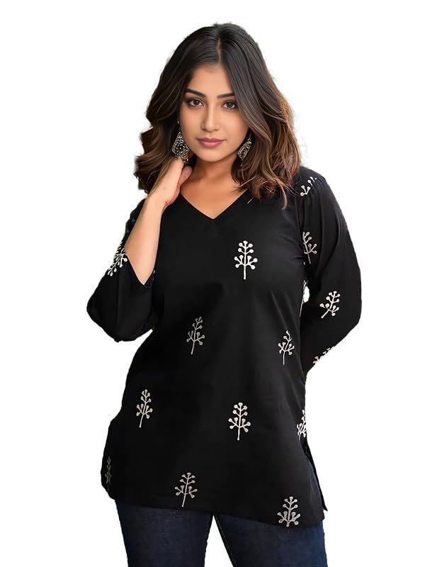 Dream Beauty Fashion Women's Printed Tunic Top with 3/4 Sleeve V-Neck -23" Inches (Kesar-Top-01-S)