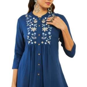 Soch Womens Teal Rayon Floral Embroidered Yoke A-line Tunic