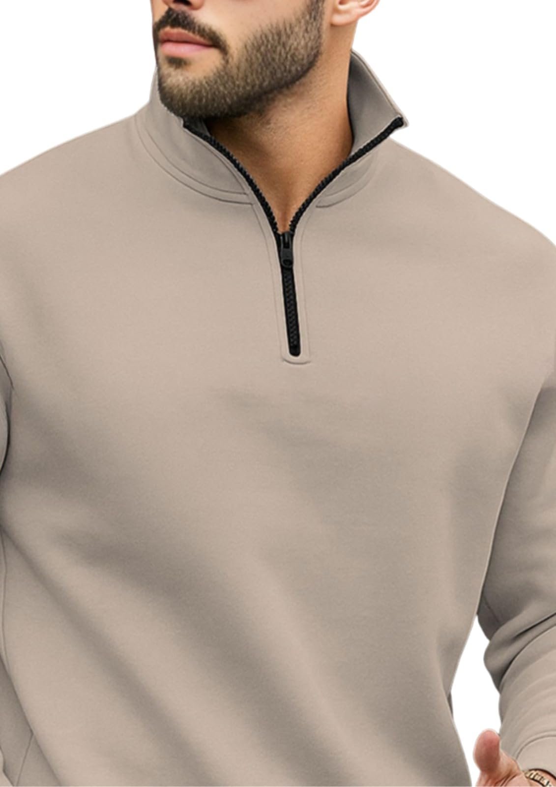 Men's Half Zipper Sweatshirt Fleece Material Collared Winter Wear Loose Fit Warm Pullover Jacket Casual Outerwear for Cold Weather Comfortable Stylish Everyday Use, IN, Alpha, L, Standard - Off white - Image 3