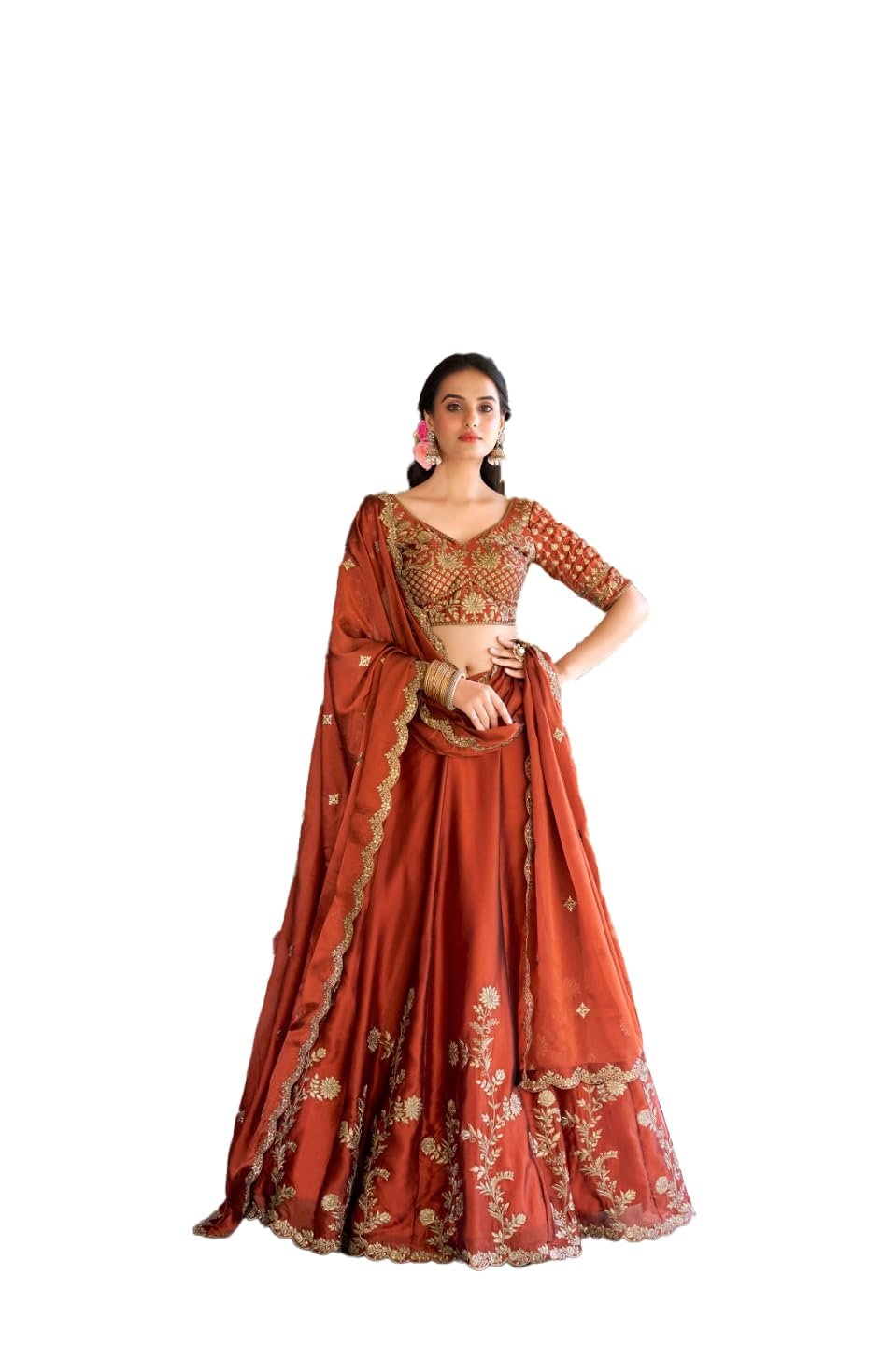 JIHU CULTURE Women's Orange Sequence Embroidery Work Silk Semi-Sttiched Lehenga Choli-JH290ORG