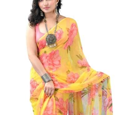 dB DESH BIDESH Women`s Latest Georgette Floral Printed Saree Batik Fancy Chiffon Party, Wear Sarees Royal SwagSutra silk georgette Chiffon trendy bandhani saree wedding,Without Blouse (Yellow)
