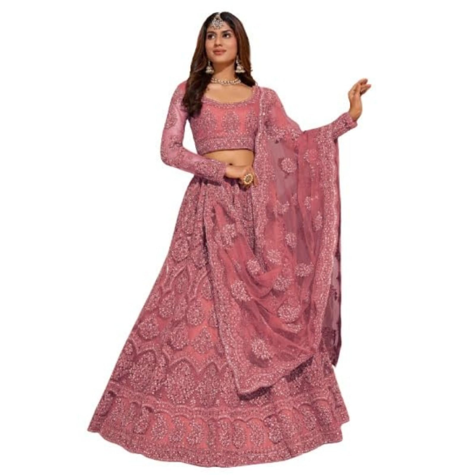 ZAALIMA FASHION Women's Semi Stitched satin blend Lehenga Choli with Embroidered Pattern Unstitched Blouse and Dupatta Set | Women's Lehenga Cholis (Peach)