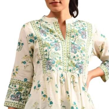 CLOTHI FAB Womens Cotton Printed Anarkali Regular Fit Short Top Kurti (A89, Green, XL, Regular Fit)