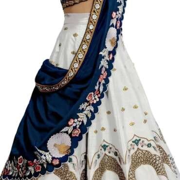 SHYAMLATA Women's Satin Embroidered Semi-Stitched Bridal New Lehenga Choli with Dupatta (0369-White-Wedding-Latest-Lehenga; Free Size)