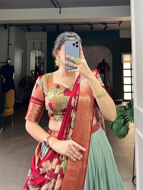 HETRANG CREATION Dola Silk Kalamkari Print Zari Border Lehenga Choli with Jacquard Border Silk Lehenga Set (SEA GREEN) - Image 6