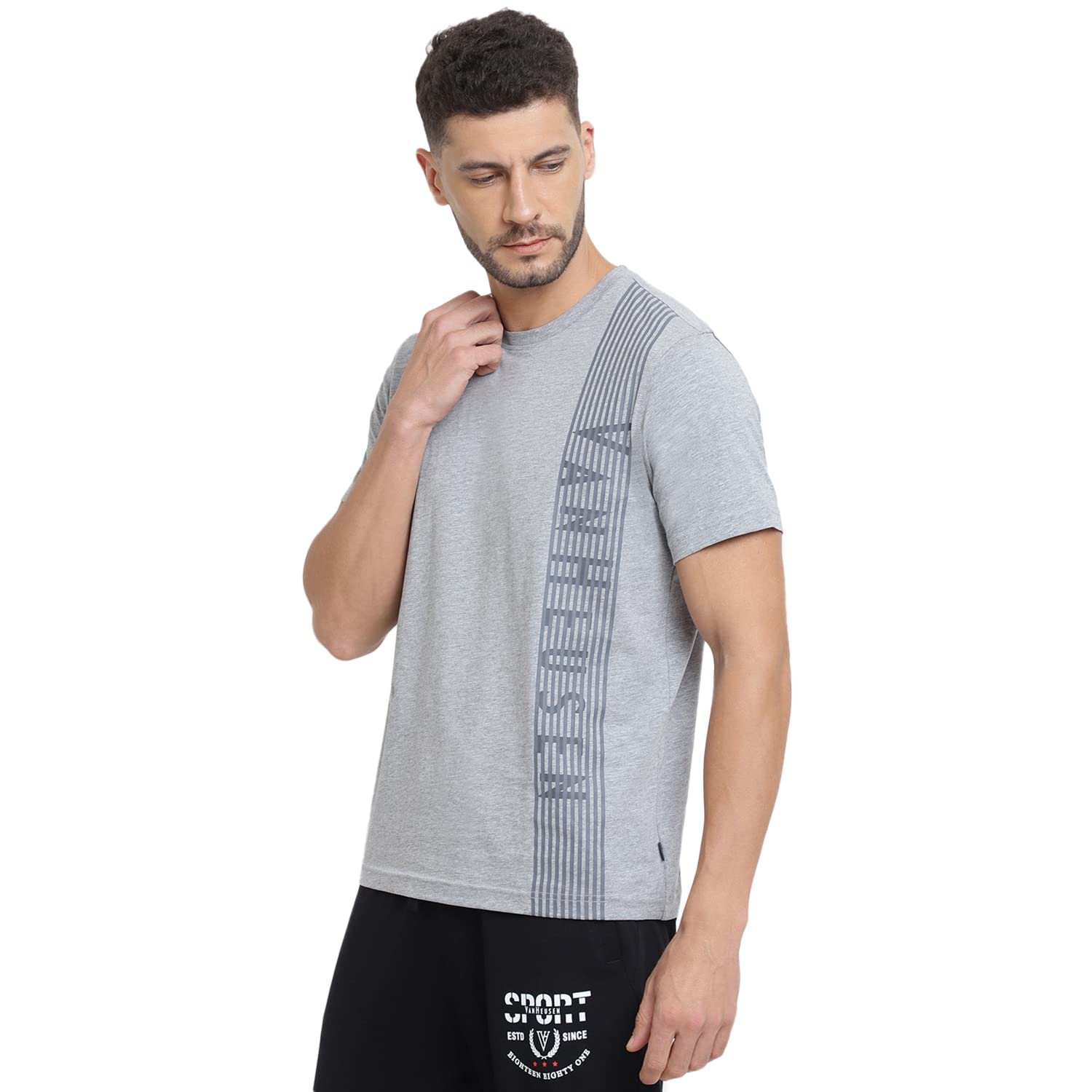 Van Heusen Men Cotton Athleisure Ultra Soft Regular Fit T-Shirt-Crew Neck, Short Sleeve_60044_Grey Melange_L - Image 9