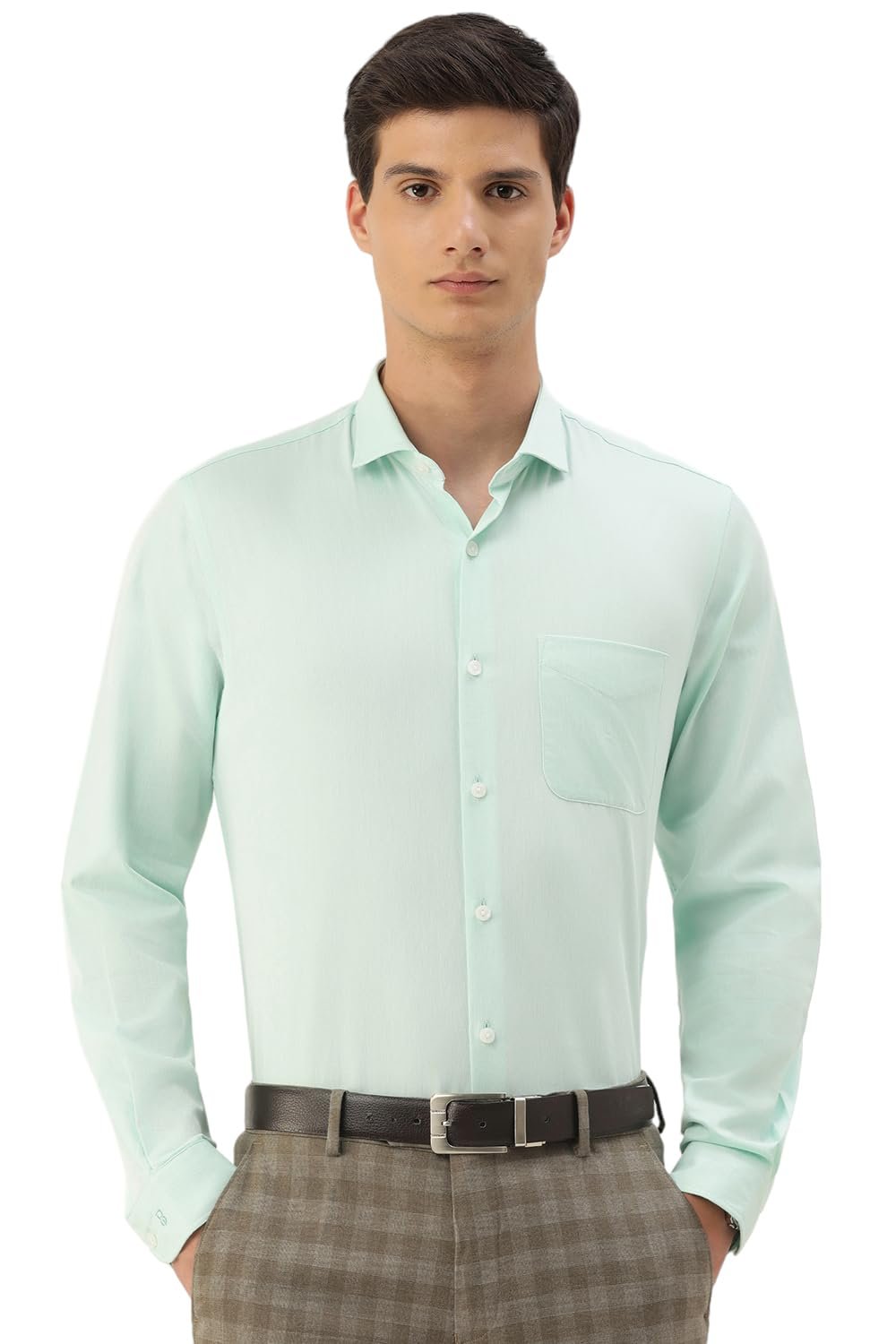 Peter England Men's Classic Textured Slim Fit Full Sleeve Shirt | Wonder Fabric | Cotton Rich | Premium Dobby Green