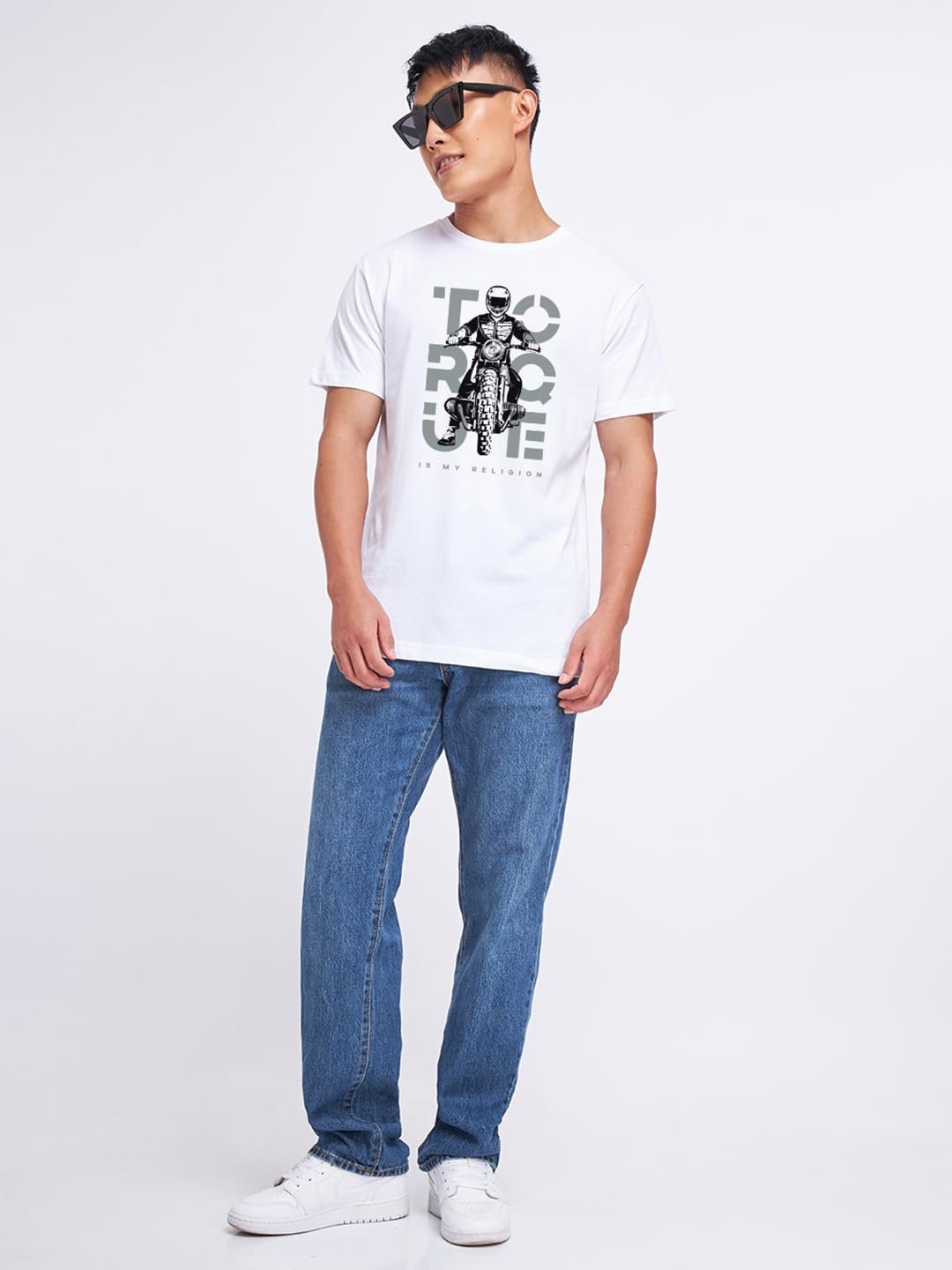 Bewakoof Men's Graphic Print Regular Fit Half Sleeve Round Neck Cotton T-Shirt White - Image 7