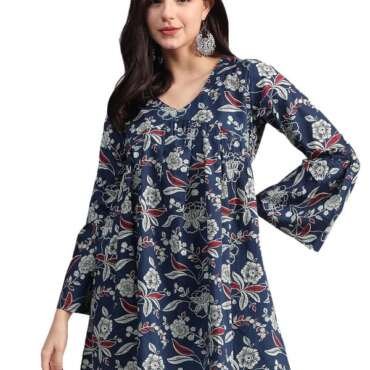 Aavyora Women's Navy Blue Cotton Tunic with Red and White Floral Print, and Flared Sleeves
