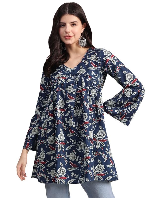 Aavyora Women's Navy Blue Cotton Tunic with Red and White Floral Print, and Flared Sleeves