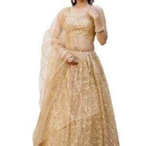 TRENDMALLS Women's Net Embroidery Lehenga Choli With Net Dupatta (L144-Gold, Semi stitched)