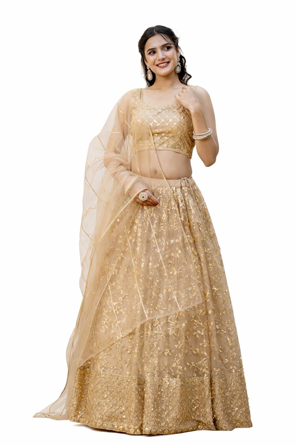TRENDMALLS Women's Net Embroidery Lehenga Choli With Net Dupatta (L144-Gold, Semi stitched)