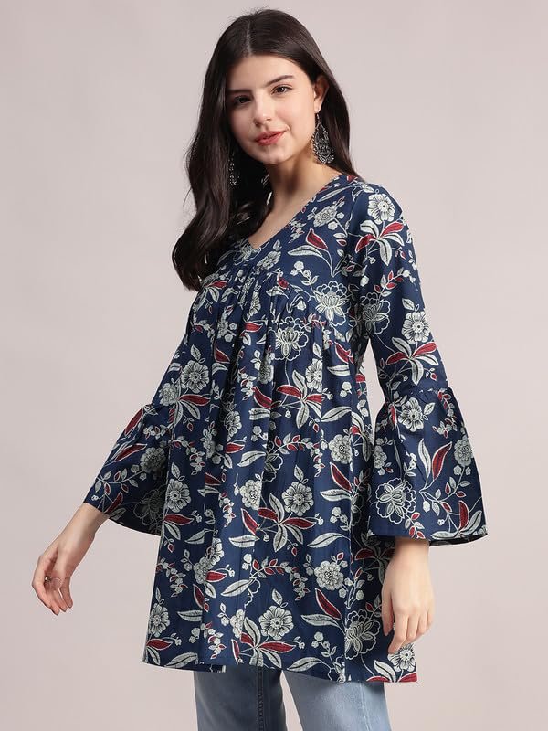 Aavyora Women's Navy Blue Cotton Tunic with Red and White Floral Print, and Flared Sleeves - Image 6