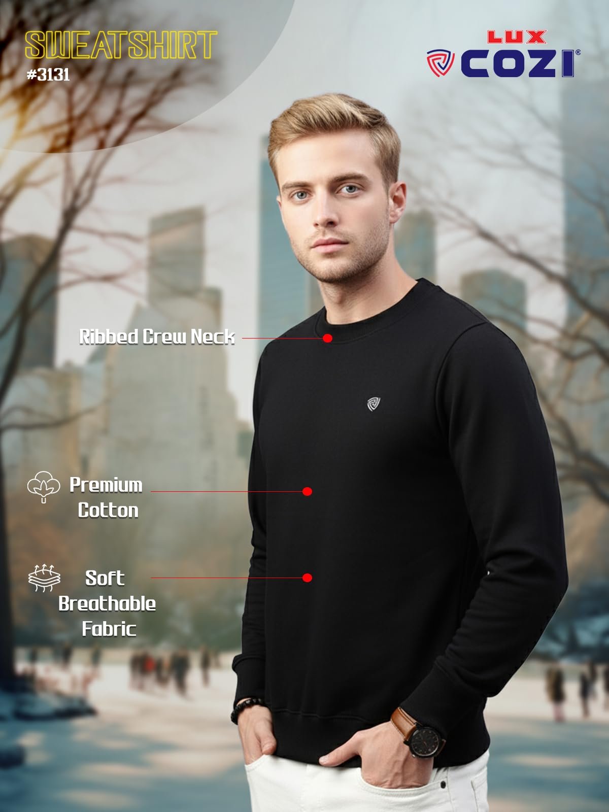 Lux Cozi Men's Cotton Crew Neck Full Sleeve Sweatshirt_COZI_3131_Sweatshirt_BLK_M_1PC - Image 6