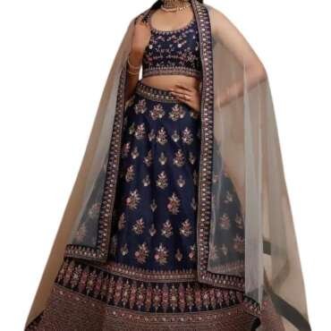 Aika Creation Women's Velvet Embroidered Semi-Stitched Lehenga Choli DELI LH NAVY