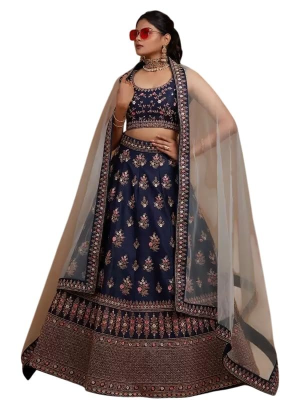Aika Creation Women's Velvet Embroidered Semi-Stitched Lehenga Choli DELI LH NAVY