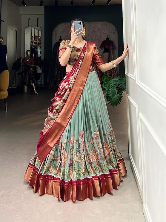 HETRANG CREATION Dola Silk Kalamkari Print Zari Border Lehenga Choli with Jacquard Border Silk Lehenga Set (SEA GREEN) - Image 2