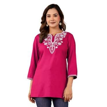 Indesi Short Kurti for Women – Lucknowi Chikankari Embroidered Ladies Kurta, Stylish Girls Tunic Top, Comfortable Ethnic Half Kurta for Daily & Office Wear (in, Alpha, S, Regular, Pink)