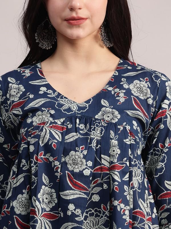 Aavyora Women's Navy Blue Cotton Tunic with Red and White Floral Print, and Flared Sleeves - Image 2