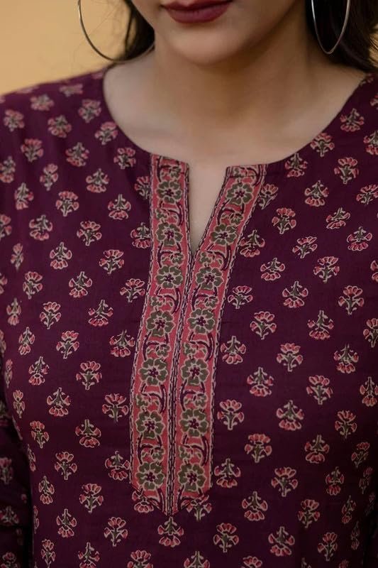 ALENJAN Floral Print Rayon Kurta for Women | Regular Fit Top | Top for Office | Kurti for Women | Women's Tunics Tops | Wine | L - Image 6