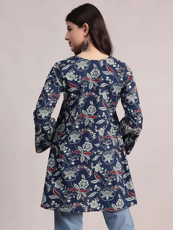 Aavyora Women's Navy Blue Cotton Tunic with Red and White Floral Print, and Flared Sleeves - Image 5