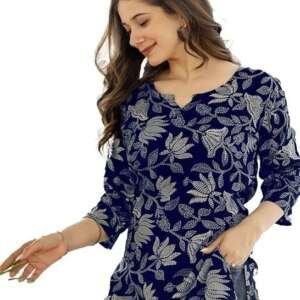 MS VHCK ENTERPRISE Women's Short Kurti in TOP Black Rayon Cotton Blend | Ladies Ethnic Tunic | Office (in, Alpha, 2XL, Regular, Slim Girls, Riva-Blue)