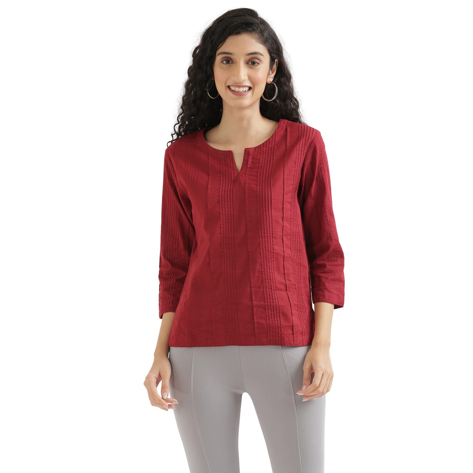 SAADAA Everyday Cotton Top | Women's Regular Solid Color Top | Casual/Office Wear (L, Raspberry)
