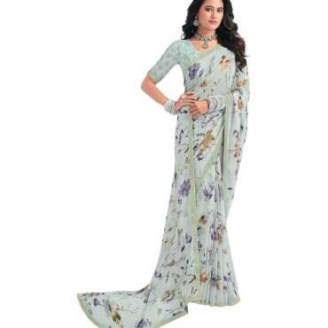 Laxmipati Sarees Women's Floral Printed Georgette Saree in Grey Color with unstitched Blouse Material-Perfect for Festive Special Occasions|Exquisite Design And Vibrant Colors