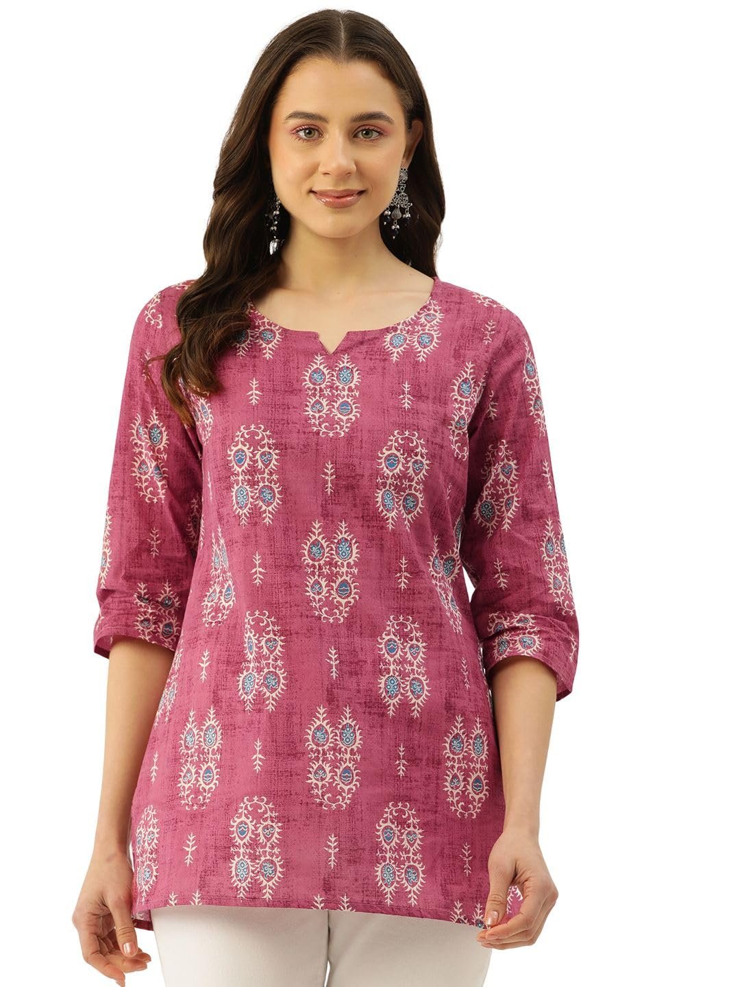 feranoid 3/4 Sleeve Round Neck Vcut top Magenta